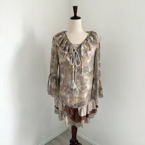 Ryu Top Womens Large Beige Ruffle Gypsy Fairy Whimsical Ethereal Renaissance